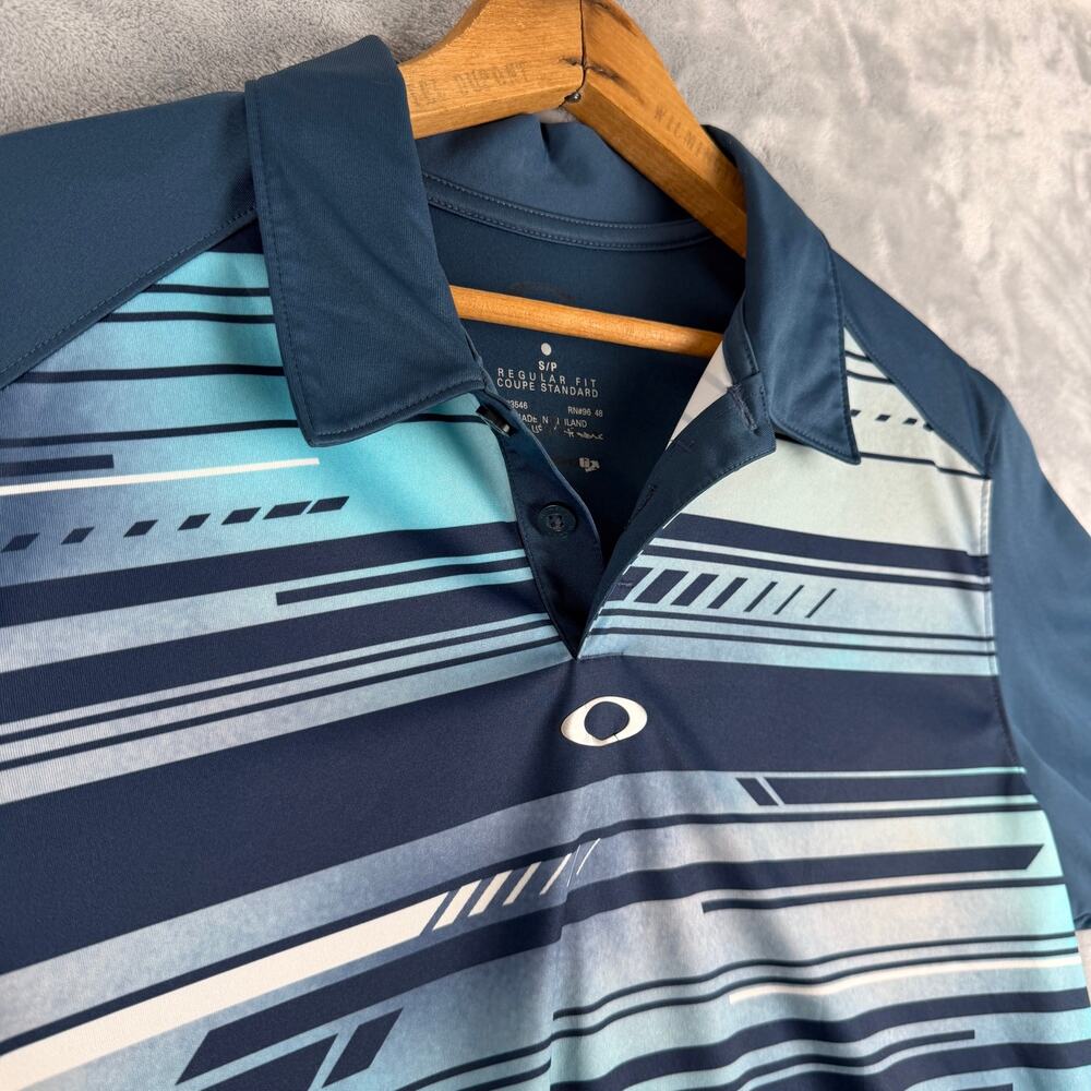 Oakley Blue White Striped Men's small Polo Shirt Short Sleeve Logo Geometric